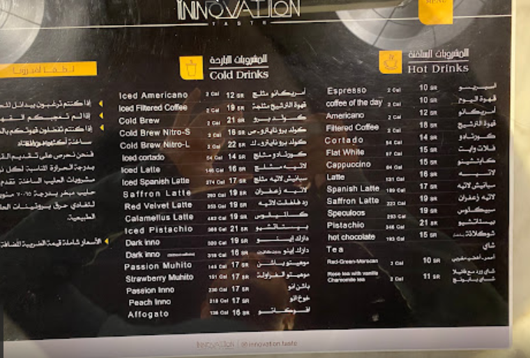 منيو كافيه انوفيشن تيست